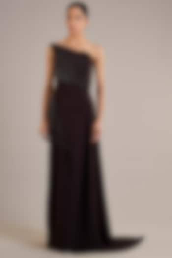 Cocoa Crepe Crystal Embellished One-Shoulder Party Wear Dress by Rohit Gandhi & Rahul Khanna at Pernia's Pop Up Shop