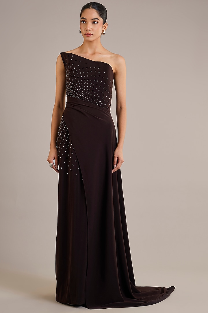 Cocoa Crepe Crystal Embellished One-Shoulder Party Wear Dress by Rohit Gandhi & Rahul Khanna at Pernia's Pop Up Shop