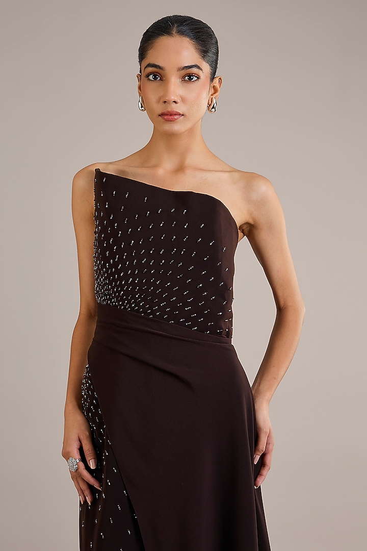 Cocoa Crepe Crystal Embellished One-Shoulder Party Wear Dress by Rohit Gandhi & Rahul Khanna at Pernia's Pop Up Shop
