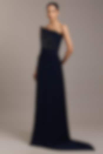 Navy Crepe Crystal Embellished Engagement Gown by Rohit Gandhi & Rahul Khanna at Pernia's Pop Up Shop
