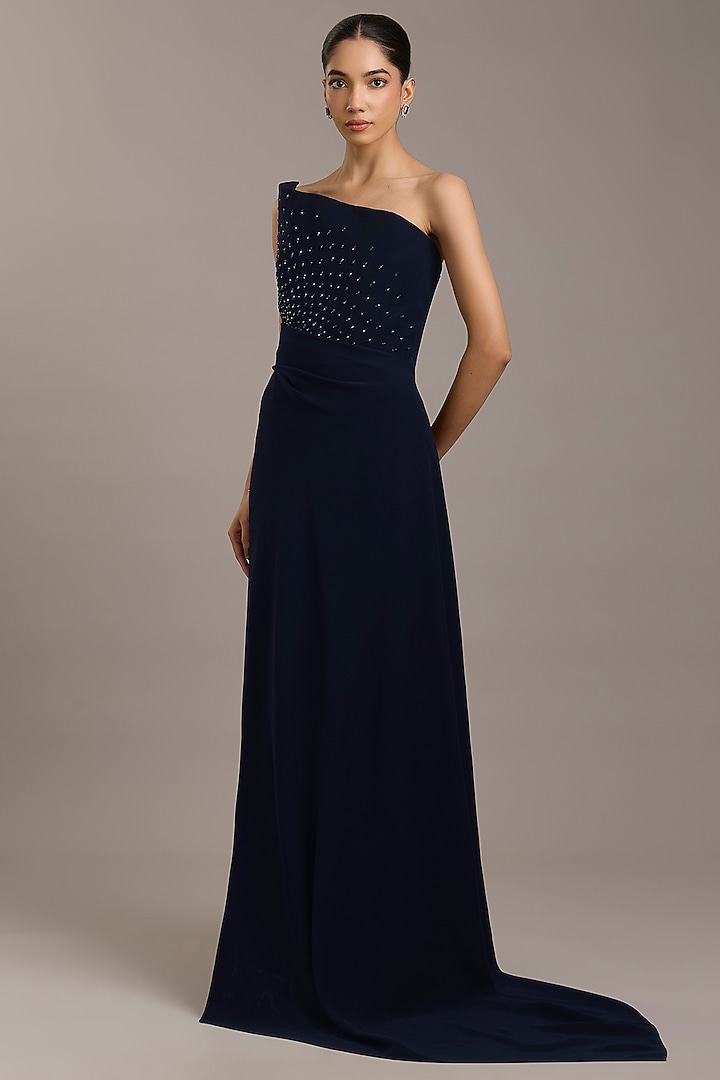 Navy Crepe Crystal Embellished Engagement Gown by Rohit Gandhi & Rahul Khanna at Pernia's Pop Up Shop