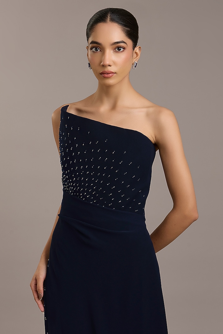 Navy Crepe Crystal Embellished Engagement Gown by Rohit Gandhi & Rahul Khanna at Pernia's Pop Up Shop