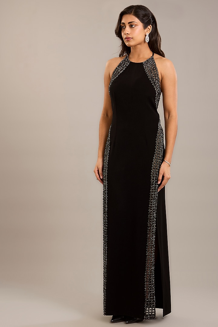 Black Georgette Embellished Maxi Party Wear Dress by Rohit Gandhi & Rahul Khanna at Pernia's Pop Up Shop