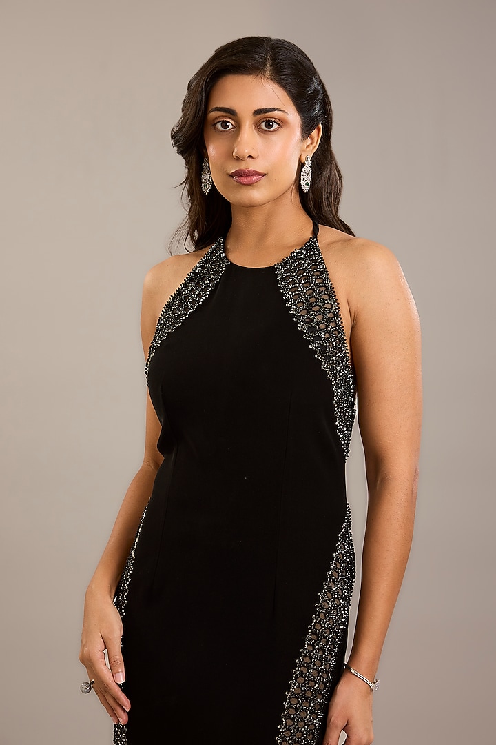 Black Georgette Embellished Maxi Party Wear Dress by Rohit Gandhi & Rahul Khanna at Pernia's Pop Up Shop
