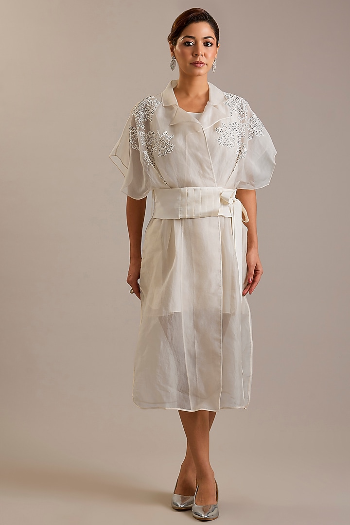 Ivory Sheer Organza Floral Embroidered Cocktail Dress by Rohit Gandhi & Rahul Khanna at Pernia's Pop Up Shop