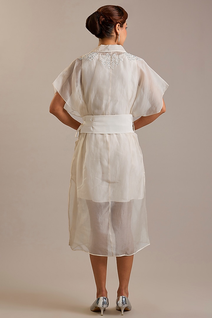 Ivory Sheer Organza Floral Embroidered Cocktail Dress by Rohit Gandhi & Rahul Khanna at Pernia's Pop Up Shop