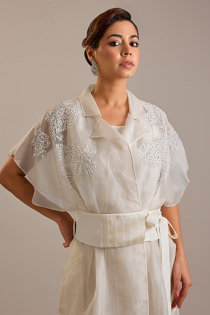 Ivory Sheer Organza Floral Embroidered Cocktail Dress by Rohit Gandhi & Rahul Khanna at Pernia's Pop Up Shop