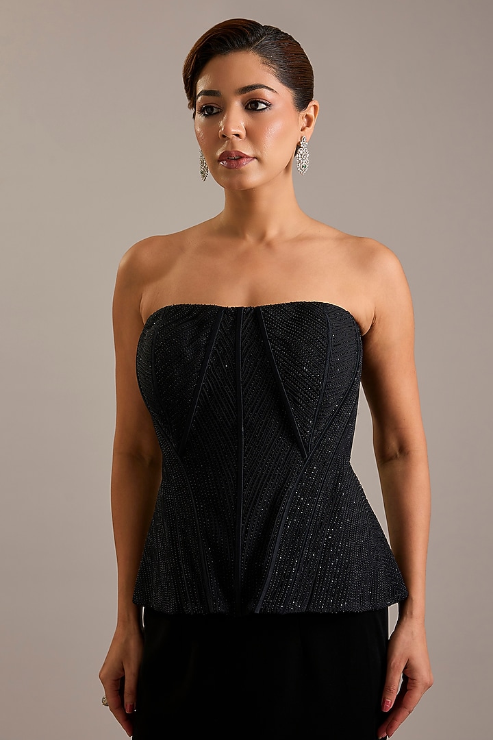 Black Crepe Asymmetrical Skirt Set by Rohit Gandhi & Rahul Khanna at Pernia's Pop Up Shop