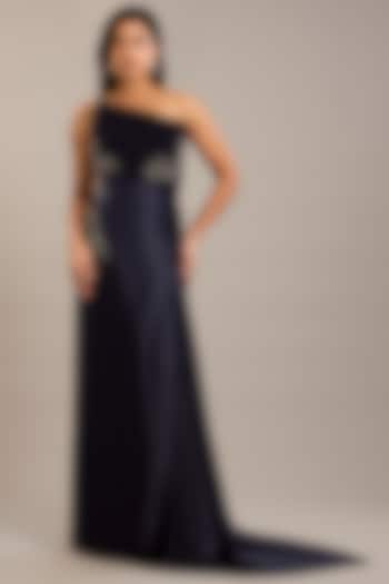 Navy Crepe & Satin Embellished Draped Maxi Party Wear Dress by Rohit Gandhi & Rahul Khanna at Pernia's Pop Up Shop