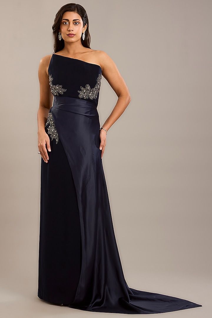 Navy Crepe & Satin Embellished Draped Maxi Party Wear Dress by Rohit Gandhi & Rahul Khanna at Pernia's Pop Up Shop