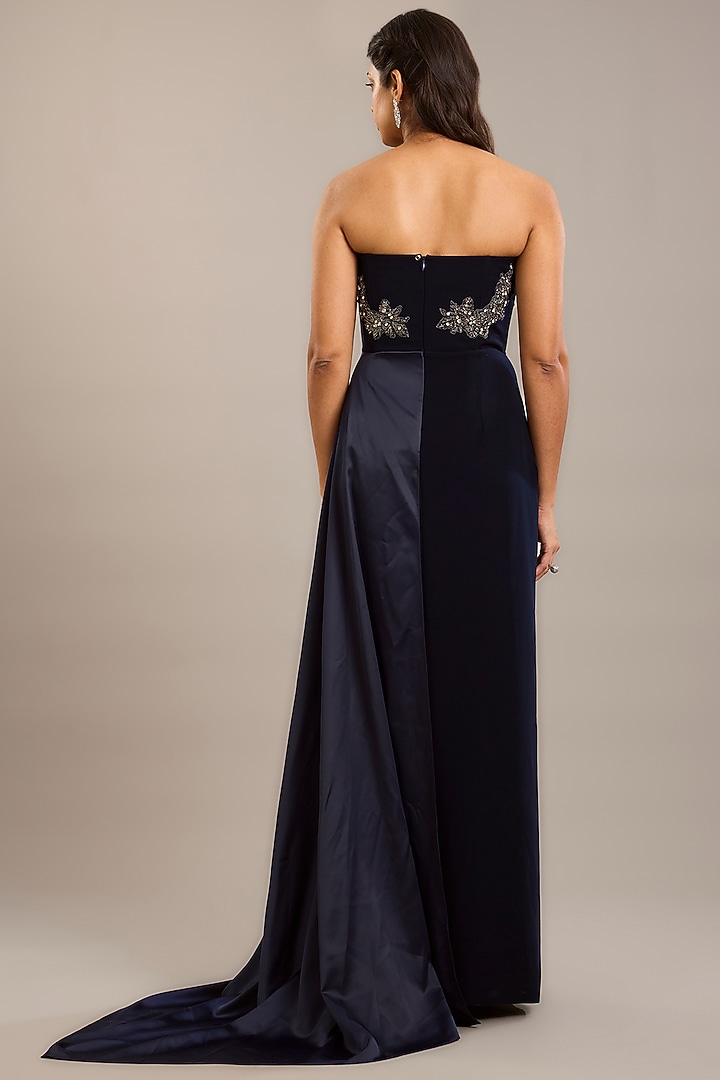 Navy Crepe & Satin Embellished Draped Maxi Party Wear Dress by Rohit Gandhi & Rahul Khanna at Pernia's Pop Up Shop