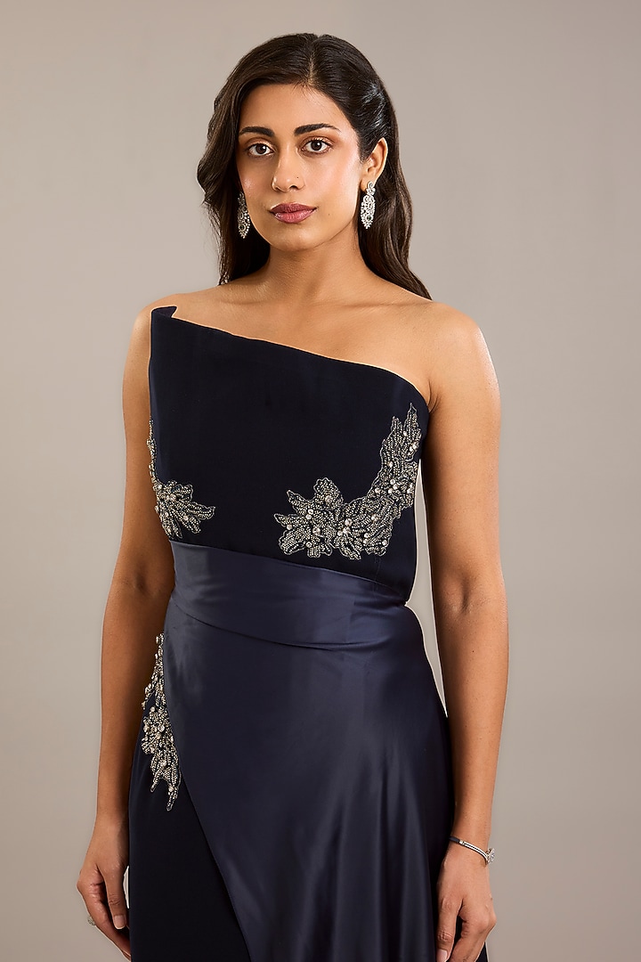 Navy Crepe & Satin Embellished Draped Maxi Party Wear Dress by Rohit Gandhi & Rahul Khanna at Pernia's Pop Up Shop