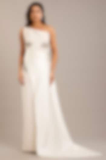 Ivory Crepe & Satin Embellished Draped Maxi Party Wear Dress by Rohit Gandhi & Rahul Khanna at Pernia's Pop Up Shop
