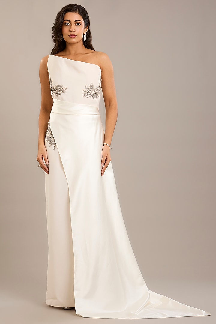 Ivory Crepe & Satin Embellished Draped Maxi Party Wear Dress by Rohit Gandhi & Rahul Khanna at Pernia's Pop Up Shop