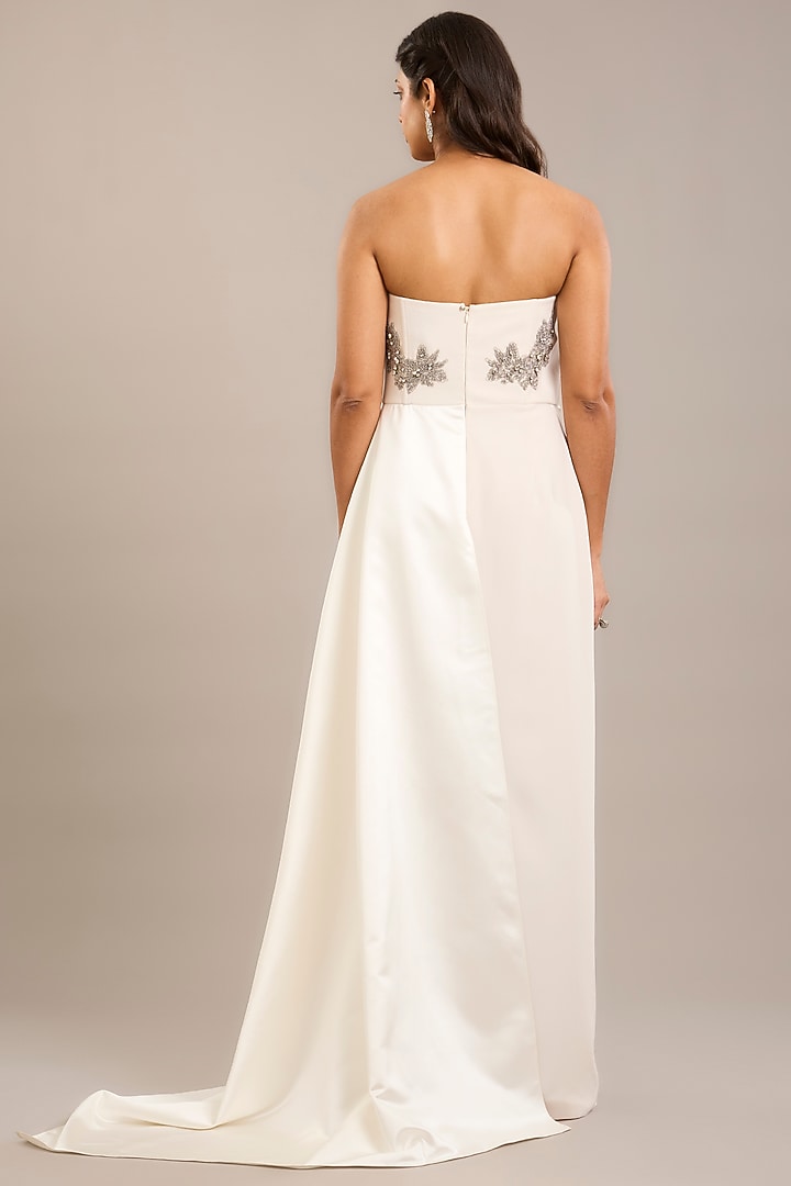 Ivory Crepe & Satin Embellished Draped Maxi Party Wear Dress by Rohit Gandhi & Rahul Khanna at Pernia's Pop Up Shop
