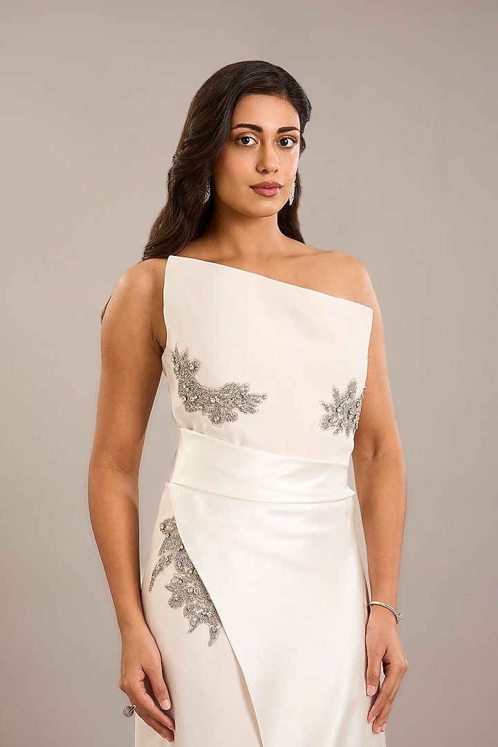 Ivory Crepe & Satin Embellished Draped Maxi Party Wear Dress by Rohit Gandhi & Rahul Khanna at Pernia's Pop Up Shop