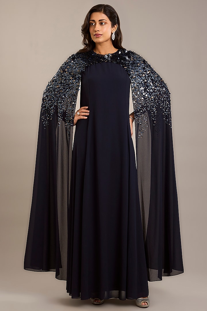Navy Blue Georgette Embellished Kaftan by Rohit Gandhi & Rahul Khanna at Pernia's Pop Up Shop