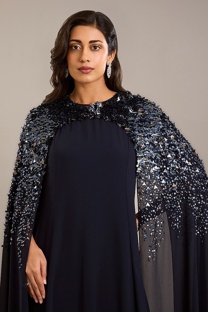 Navy Blue Georgette Embellished Kaftan by Rohit Gandhi & Rahul Khanna at Pernia's Pop Up Shop