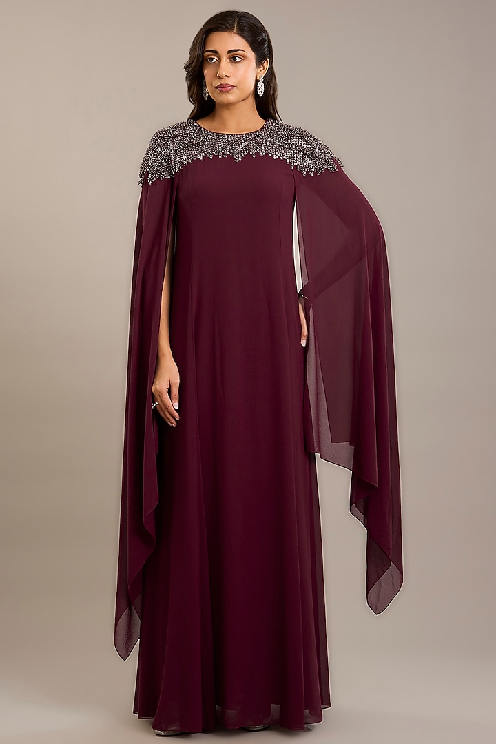 Maroon Georgette Embellished Kaftan by Rohit Gandhi & Rahul Khanna at Pernia's Pop Up Shop