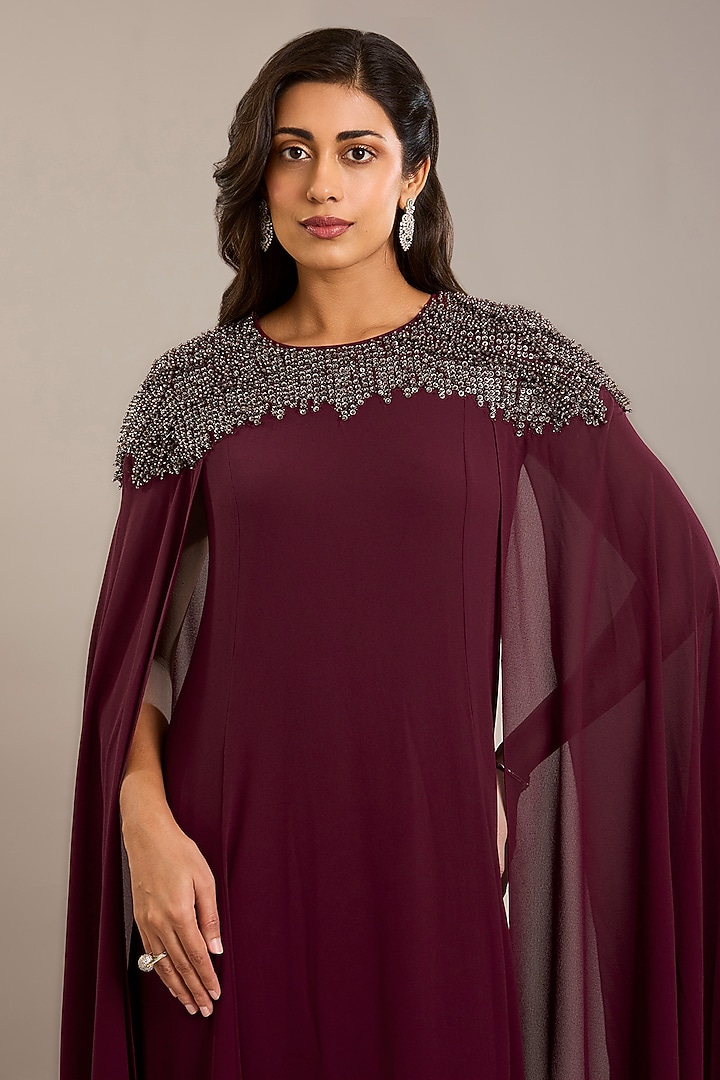 Maroon Georgette Embellished Kaftan by Rohit Gandhi & Rahul Khanna at Pernia's Pop Up Shop