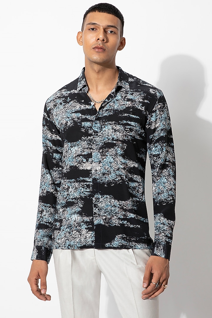 Black & Turquoise Silk Crepe Printed Wedding Shirt by Rohit Gandhi & Rahul Khanna Men at Pernia's Pop Up Shop