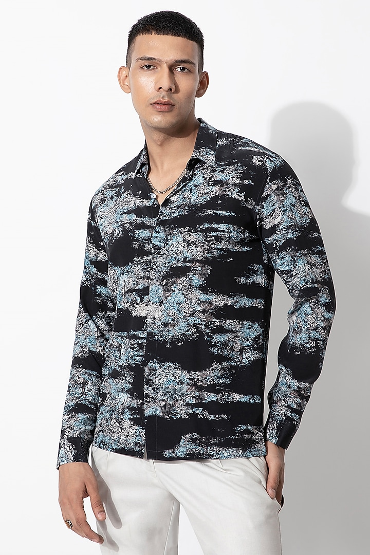 Black & Turquoise Silk Crepe Printed Wedding Shirt by Rohit Gandhi & Rahul Khanna Men at Pernia's Pop Up Shop