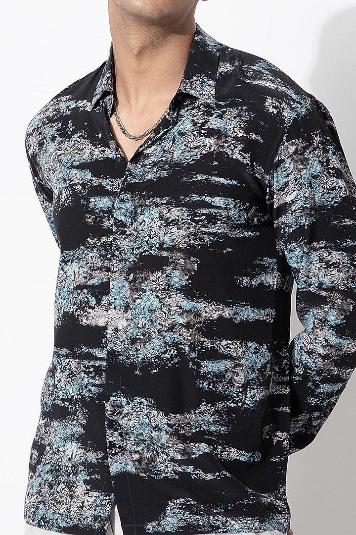 Black & Turquoise Silk Crepe Printed Wedding Shirt by Rohit Gandhi & Rahul Khanna Men at Pernia's Pop Up Shop