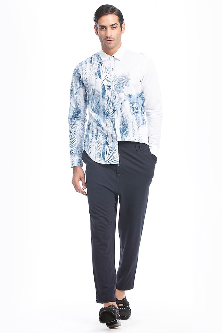 White & Blue Cotton Printed Wedding Shirt by Rohit Gandhi & Rahul Khanna Men at Pernia's Pop Up Shop