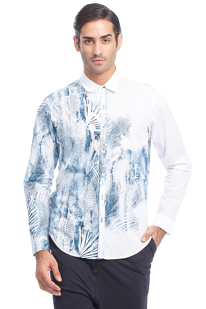 White & Blue Cotton Printed Wedding Shirt by Rohit Gandhi & Rahul Khanna Men at Pernia's Pop Up Shop
