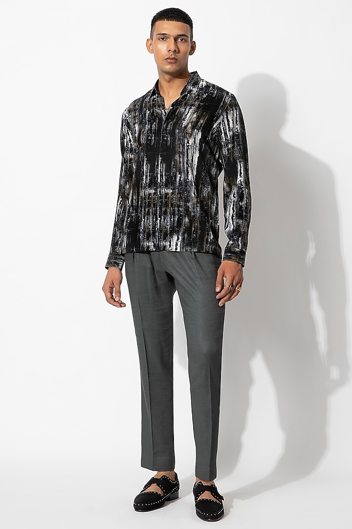 Black Crepe Printed Party Wear Shirt by Rohit Gandhi & Rahul Khanna Men at Pernia's Pop Up Shop