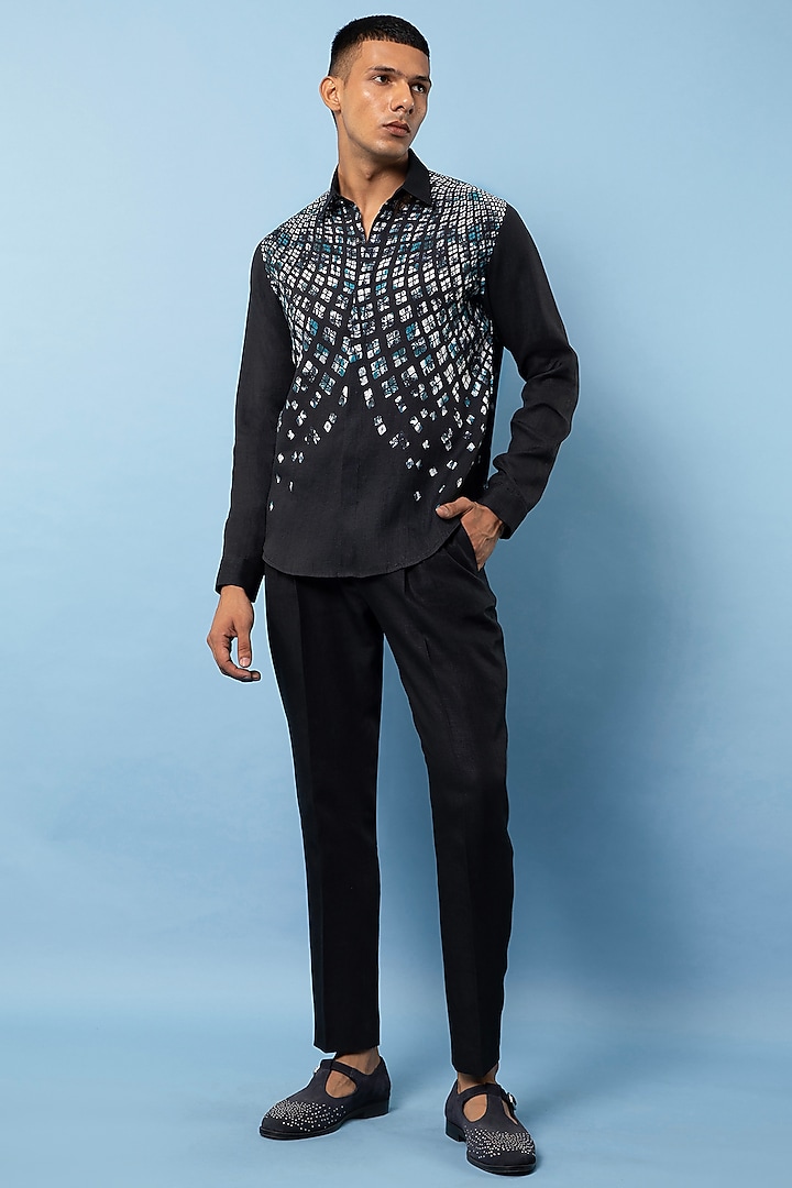 Midnight Blue & Off-White Linen Printed Wedding Shirt by Rohit Gandhi & Rahul Khanna Men at Pernia's Pop Up Shop