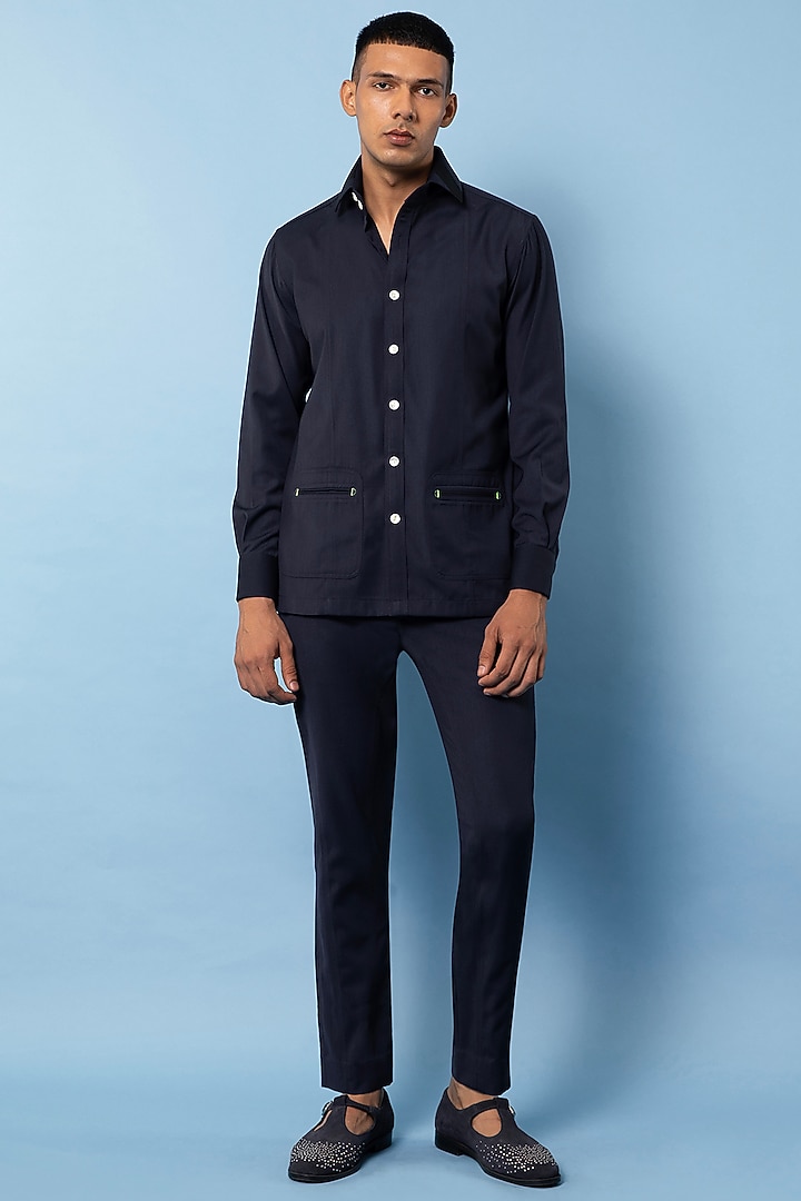 Navy Blue Cotton Wedding Shirt by Rohit Gandhi & Rahul Khanna Men at Pernia's Pop Up Shop