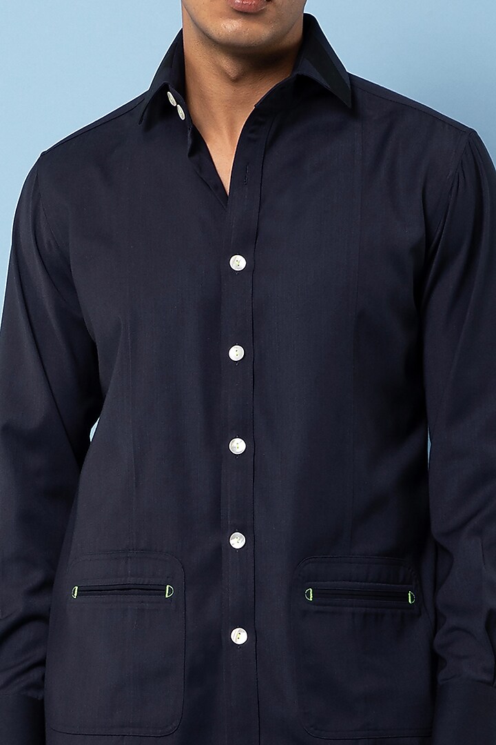Navy Blue Cotton Wedding Shirt by Rohit Gandhi & Rahul Khanna Men at Pernia's Pop Up Shop