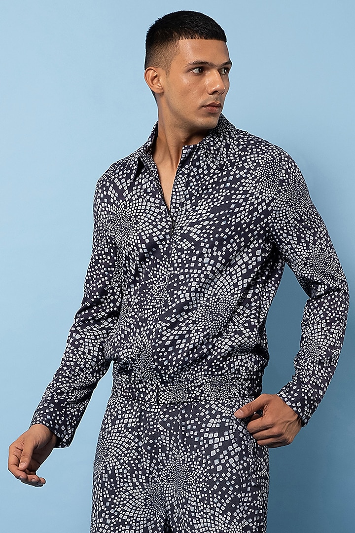 Navy Blue & White Twill Printed Pant Set by Rohit Gandhi & Rahul Khanna Men at Pernia's Pop Up Shop