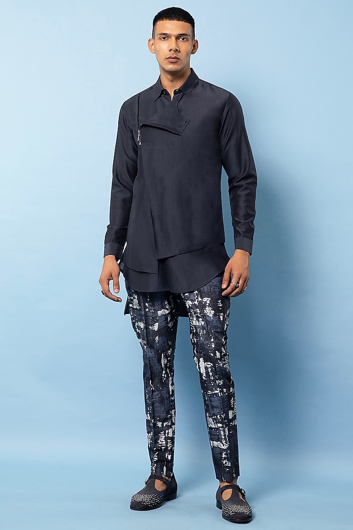 Navy Blue Linen Overlap Party Wear Shirt by Rohit Gandhi & Rahul Khanna Men at Pernia's Pop Up Shop