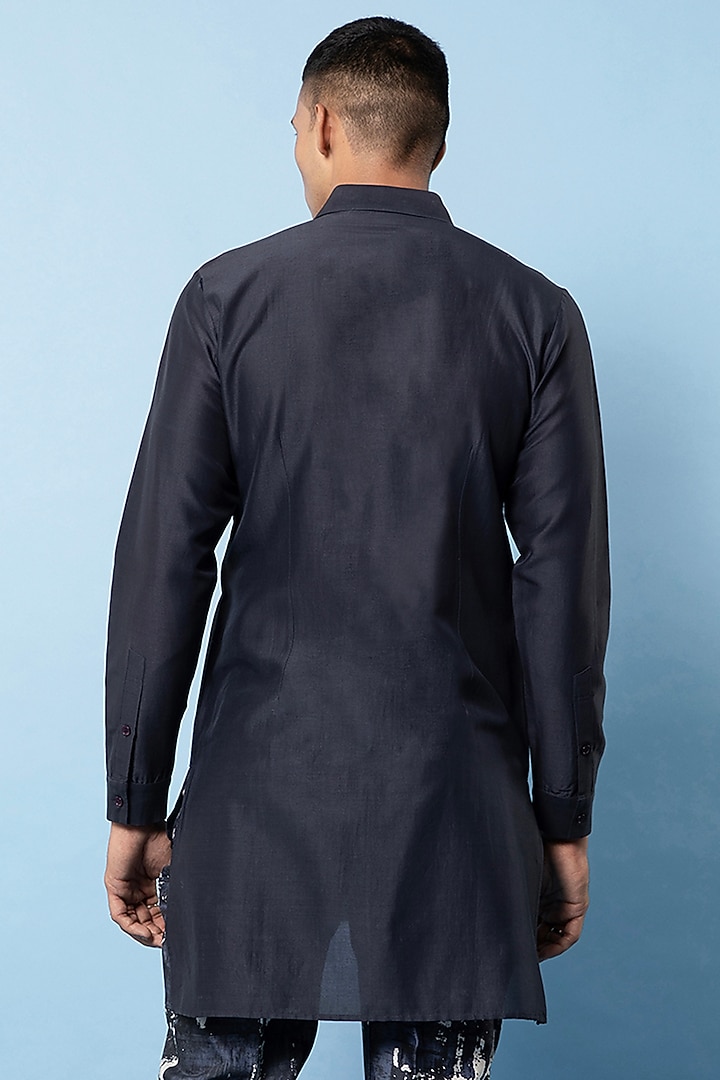Navy Blue Linen Overlap Party Wear Shirt by Rohit Gandhi & Rahul Khanna Men at Pernia's Pop Up Shop
