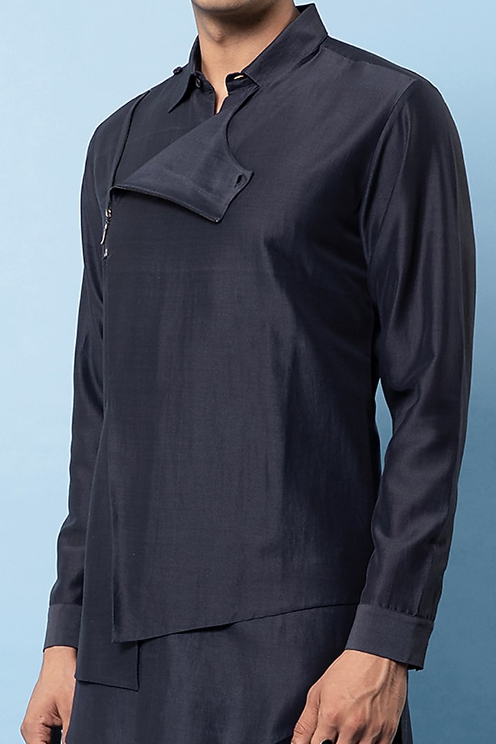 Navy Blue Linen Overlap Party Wear Shirt by Rohit Gandhi & Rahul Khanna Men at Pernia's Pop Up Shop