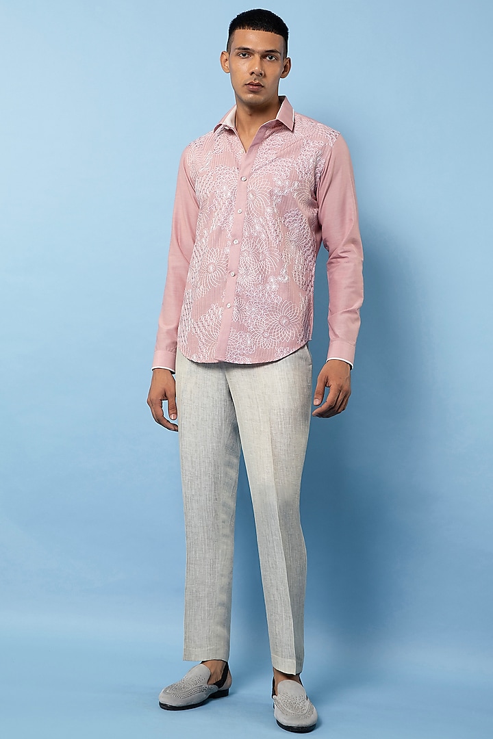 Pink Linen Hand Embroidered Party Wear Shirt by Rohit Gandhi & Rahul Khanna Men at Pernia's Pop Up Shop