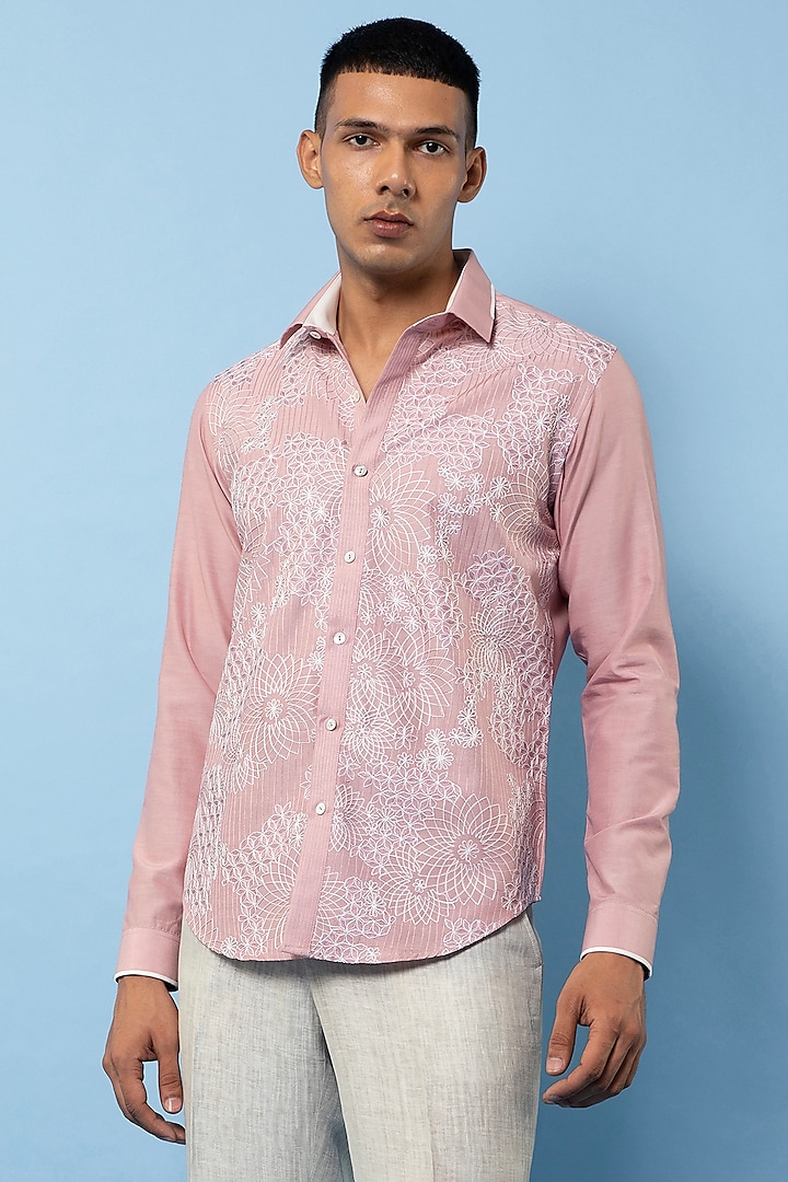 Pink Linen Hand Embroidered Shirt by Rohit Gandhi & Rahul Khanna