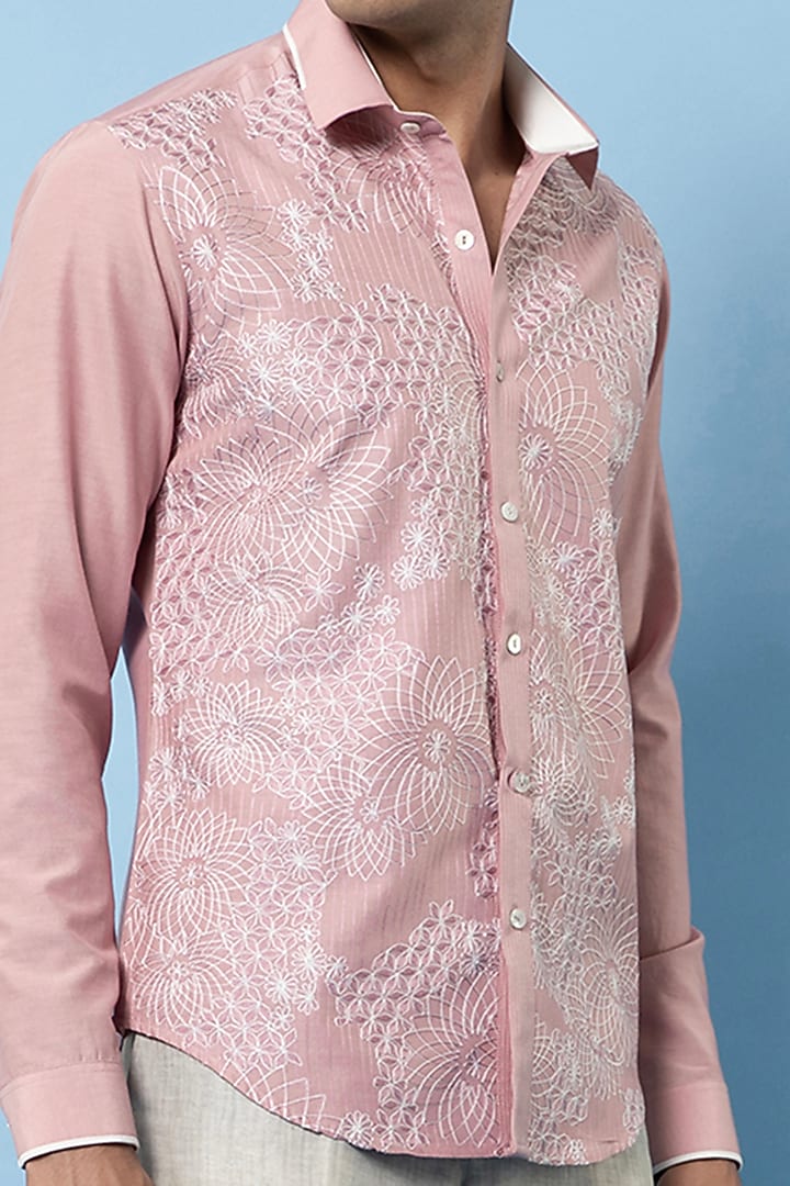 Pink Linen Hand Embroidered Party Wear Shirt by Rohit Gandhi & Rahul Khanna Men at Pernia's Pop Up Shop