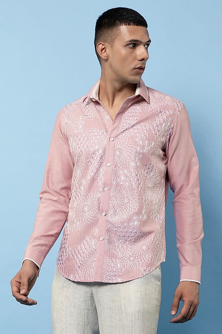 Pink Linen Hand Embroidered Party Wear Shirt by Rohit Gandhi & Rahul Khanna Men at Pernia's Pop Up Shop