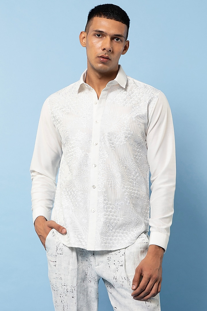 Off-White Linen Embroidered Shirt by Rohit Gandhi & Rahul Khanna