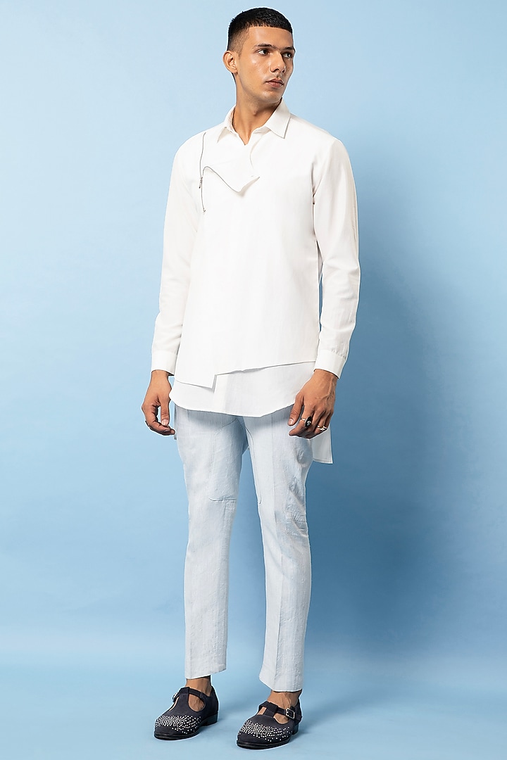 Off-White Cotton Overlap Wedding Shirt by Rohit Gandhi & Rahul Khanna Men at Pernia's Pop Up Shop