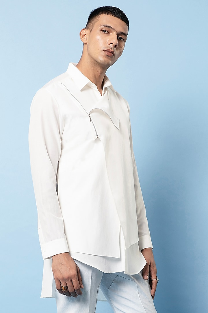 Off-White Cotton Overlap Wedding Shirt by Rohit Gandhi & Rahul Khanna Men at Pernia's Pop Up Shop