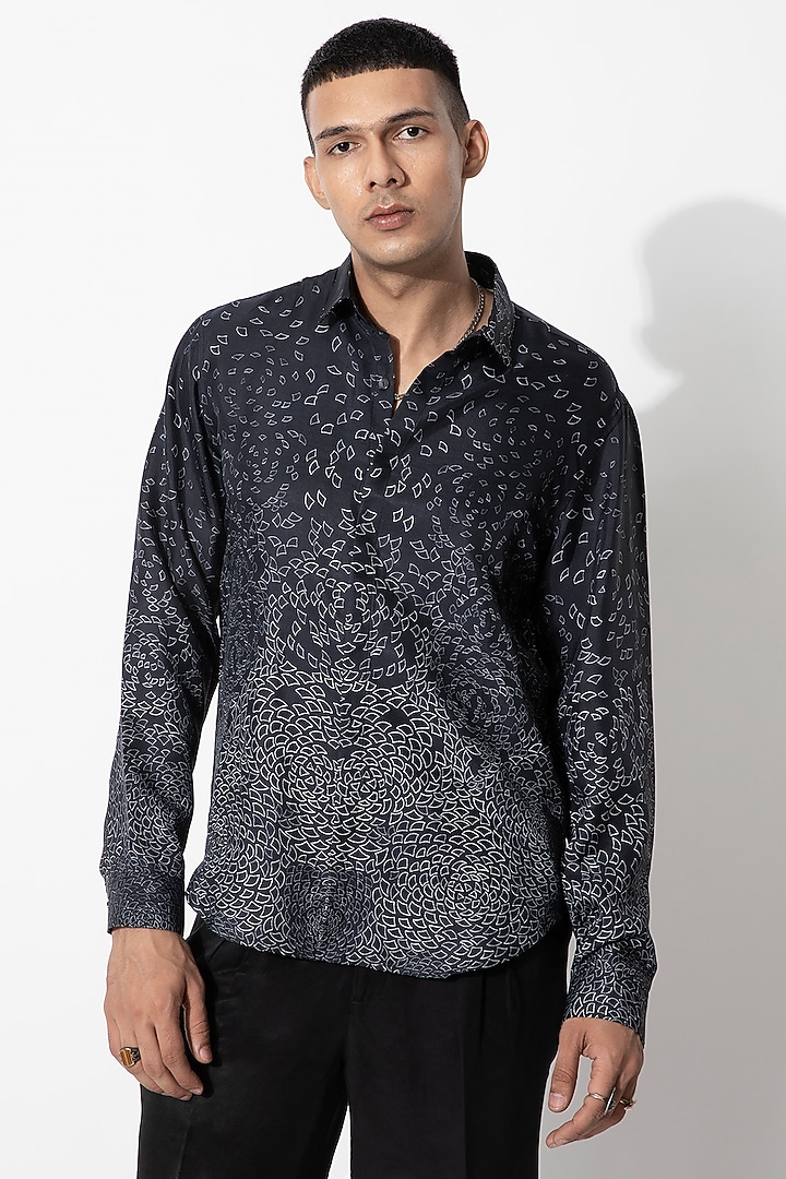 Midnight Blue & Off-White Silk Printed Wedding Shirt by Rohit Gandhi & Rahul Khanna Men at Pernia's Pop Up Shop
