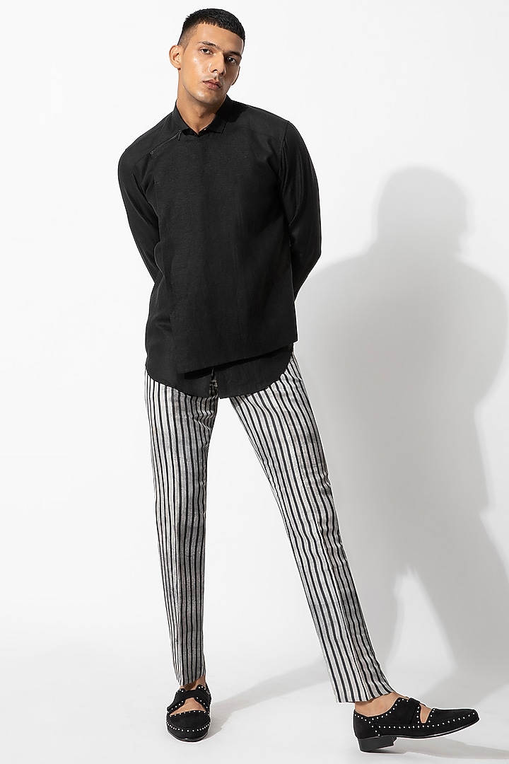 Black Linen Overlap Wedding Shirt by Rohit Gandhi & Rahul Khanna Men at Pernia's Pop Up Shop