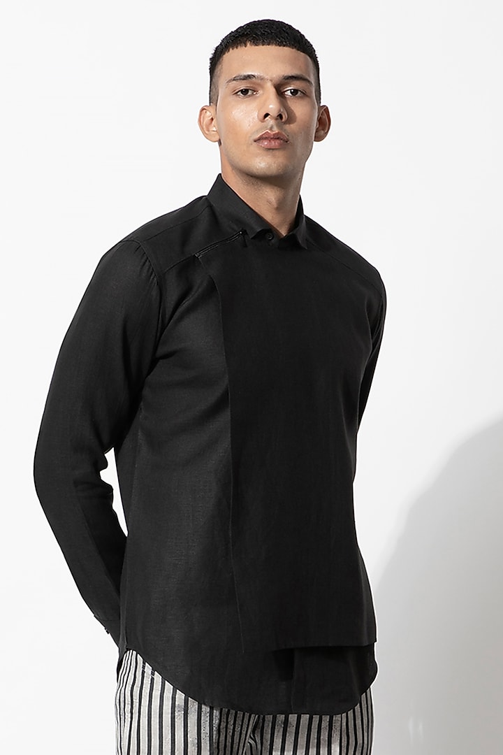 Black Linen Overlap Wedding Shirt by Rohit Gandhi & Rahul Khanna Men at Pernia's Pop Up Shop