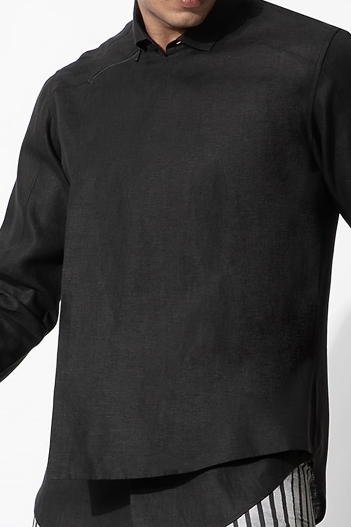 Black Linen Overlap Wedding Shirt by Rohit Gandhi & Rahul Khanna Men at Pernia's Pop Up Shop