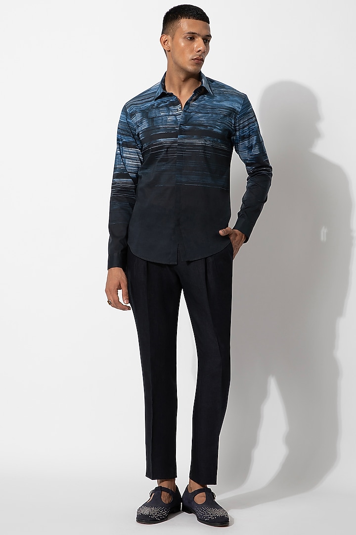 Navy Blue Cotton Digital Printed Party Wear Shirt by Rohit Gandhi & Rahul Khanna Men at Pernia's Pop Up Shop