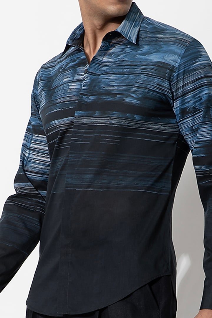 Navy Blue Cotton Digital Printed Party Wear Shirt by Rohit Gandhi & Rahul Khanna Men at Pernia's Pop Up Shop